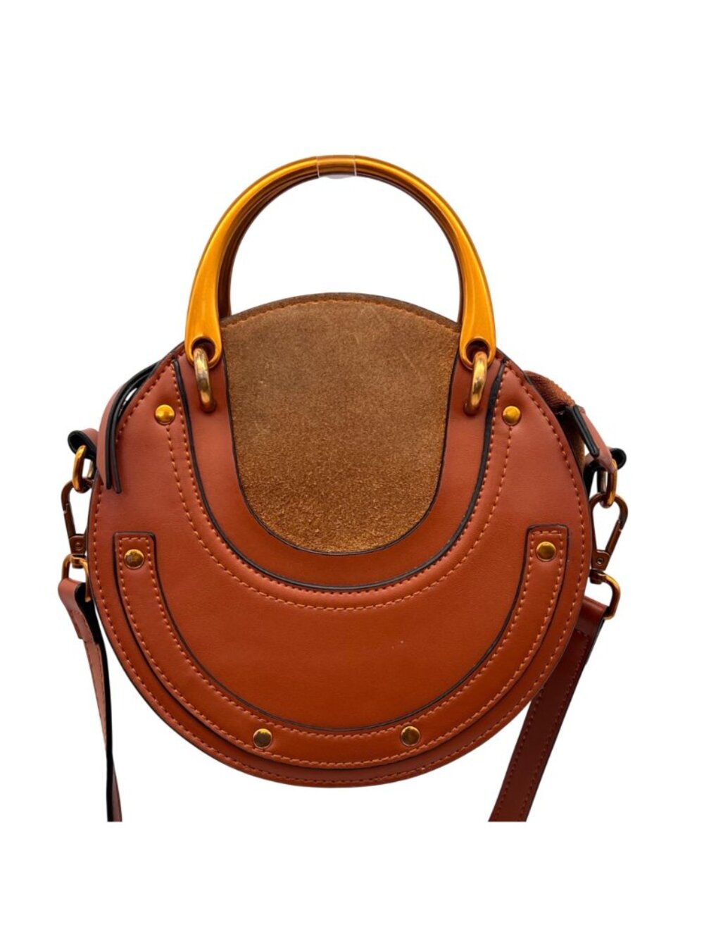 Round Leather Crossbody Bag With Gold Handles And Adjustable Strap Brown & Suede - Picture 10 of 14
